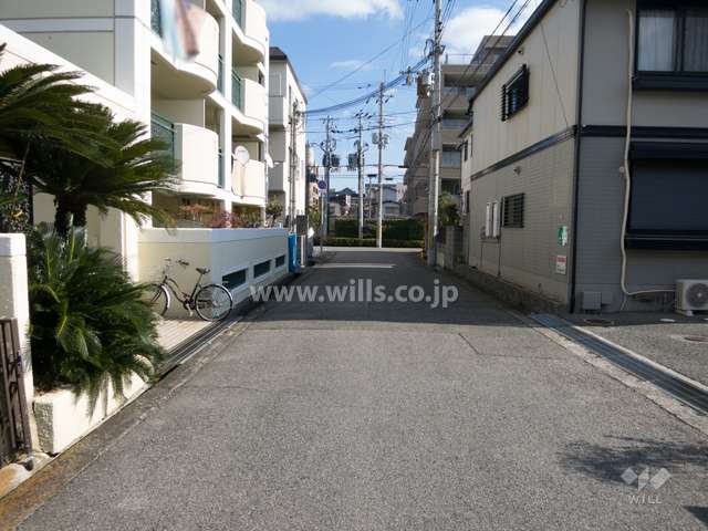 敷地南側の前面道路。周辺は区画の整った静かな住宅地です。