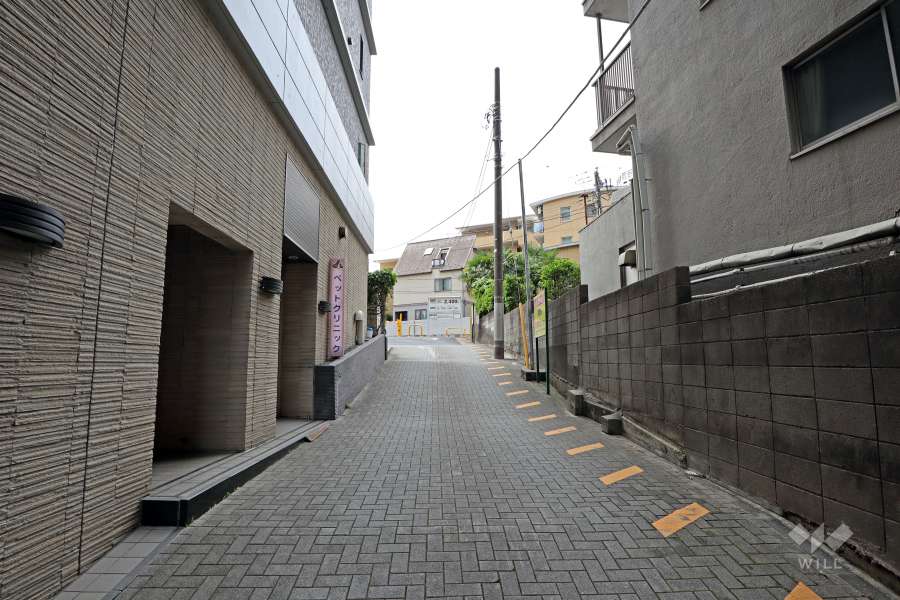 敷地西側通路の先には民間の駐車場があります。