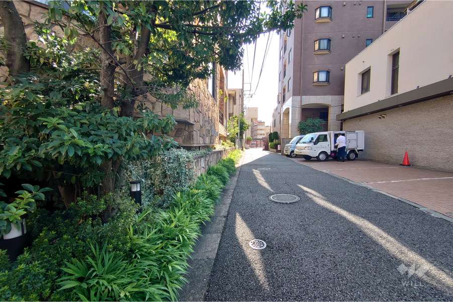 敷地南西側の前面道路（北西側から）