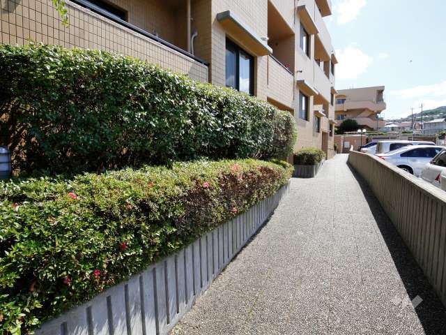 敷地内の通路。植栽スペースが設けられています。