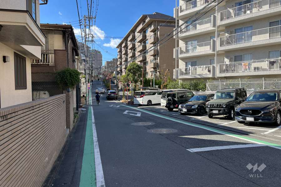 敷地の南東側前面道路（北東側から）