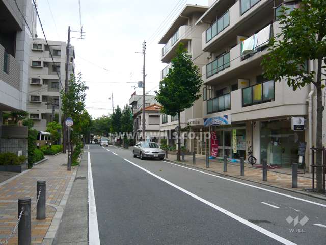 敷地西側は街路樹のきれいなバス通りに面し、すぐ目の前にバス停があります。