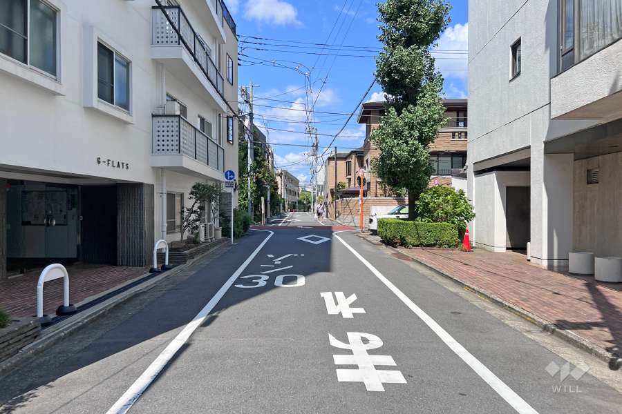 敷地南東側の前面道路（南西側から）