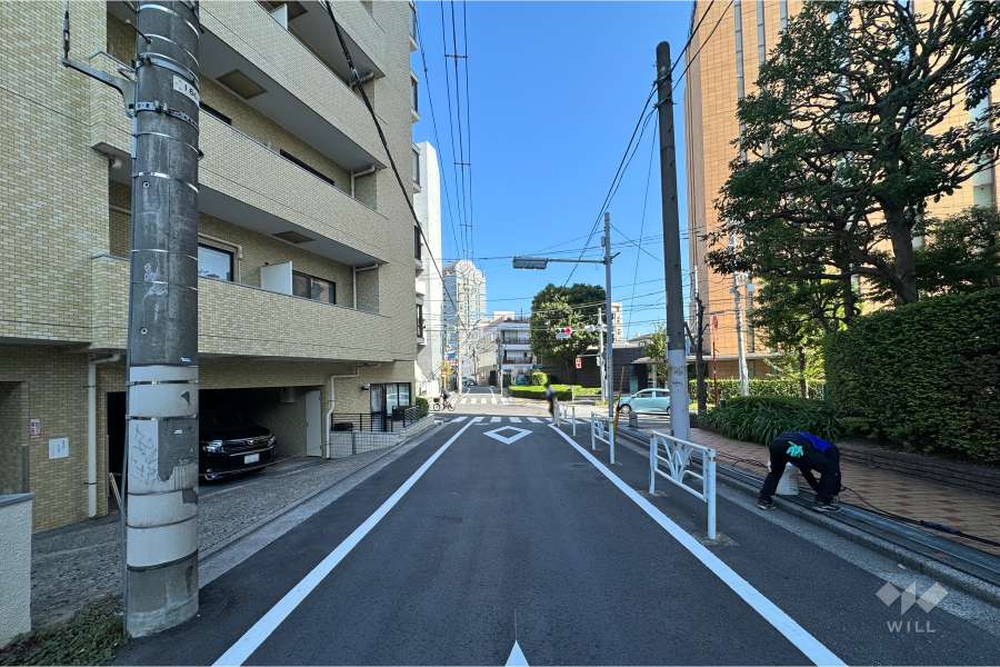 敷地南東側の前面道路（南西側から）