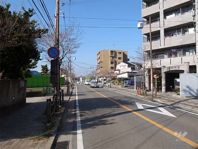 敷地南側の道路。二車線のバス通りです。