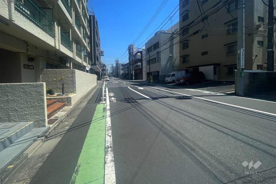 敷地南東側の前面道路（南西側から）