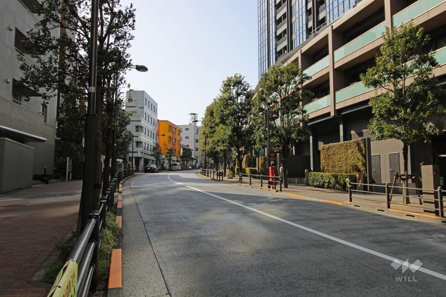 敷地北側の前面道路は、街路樹が並ぶ百反通り。向かい側には地区庁舎があります。