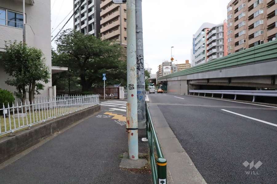 敷地の北東側前面道路(南東側から)