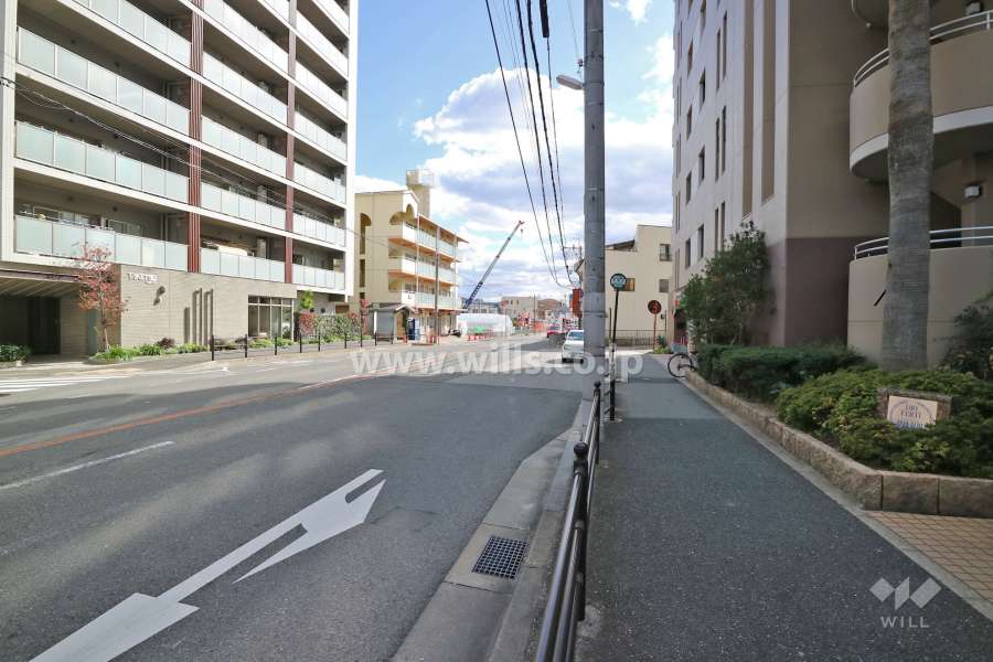 敷地東側の前面道路。二車線のバス道路です。