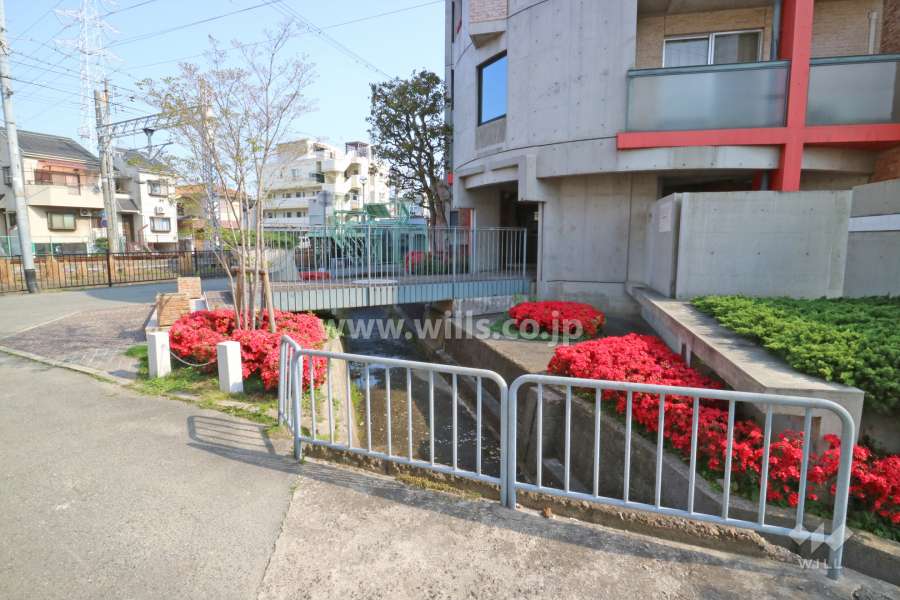 エントランスアプローチには水路を渡る橋があります。