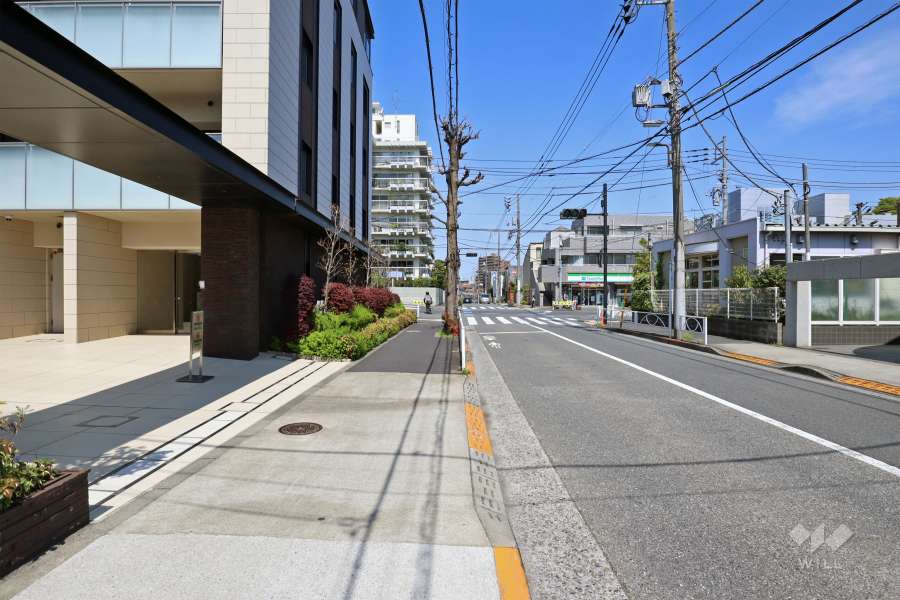 敷地東側の前面道路は柿の木坂通りです(南側から)。