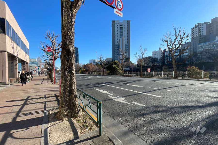 敷地の南東側前面道路は外堀通りです（南西側から）。