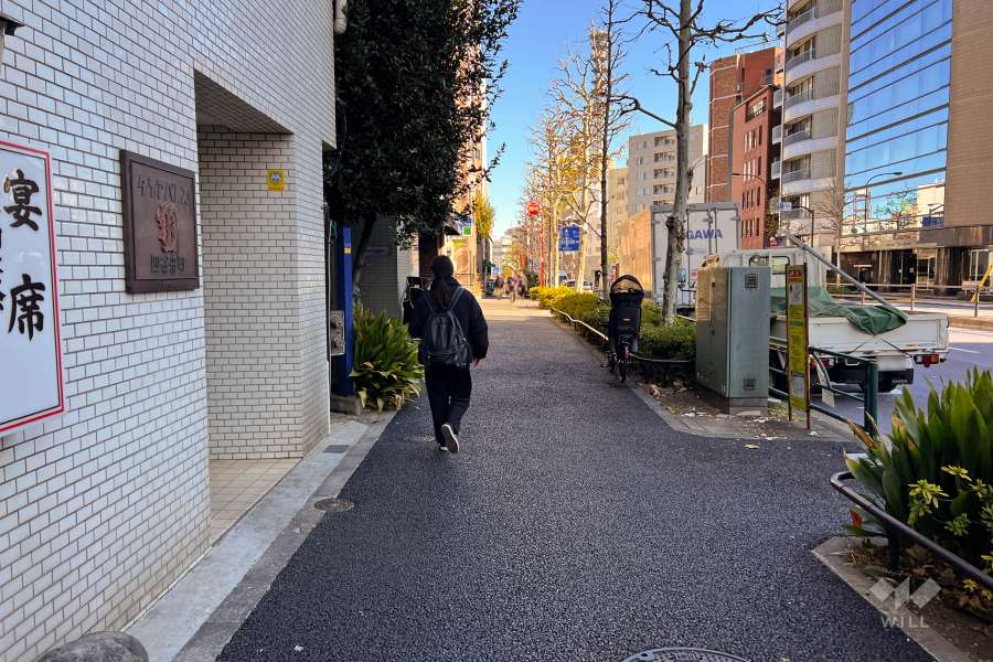 敷地南東側の前面道路（南西側から）