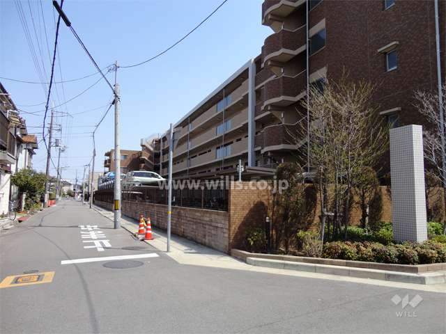 敷地北側の前面道路。周辺はマンションと一戸建てが混在する静かな住宅地です。