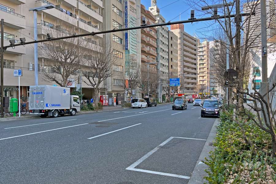 敷地の東側前面道路は十二社通りです（南側から）。道を挟んで東側には『新宿中央公園』があります。