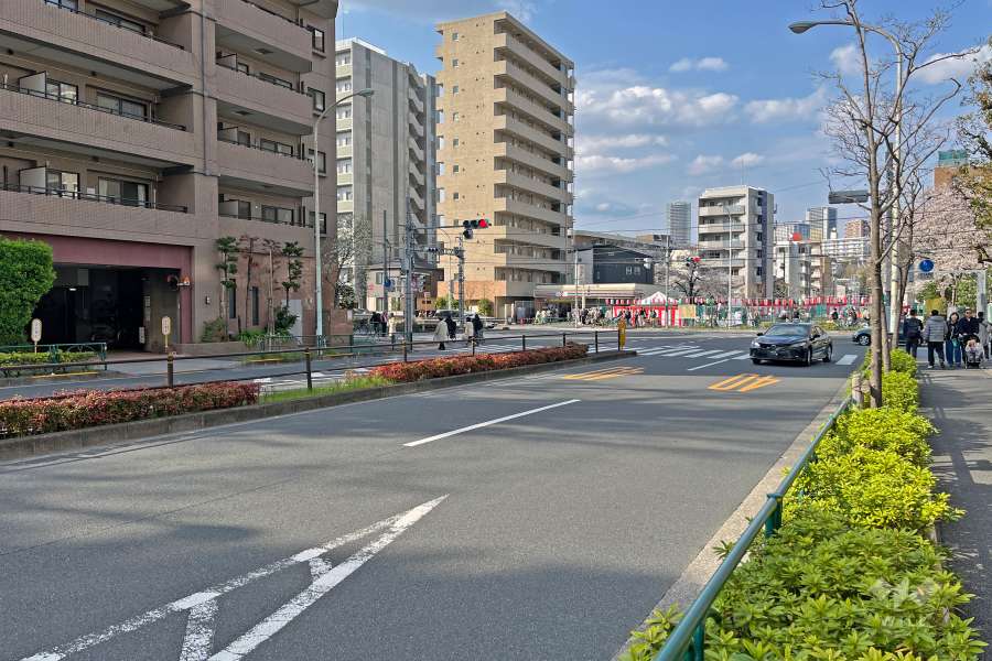 敷地の東側前面道路は都道25号です（南側から）。