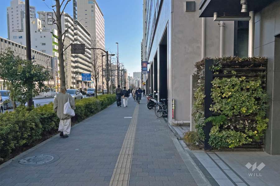 敷地の東側前面道路は明治通りです（北側から）。