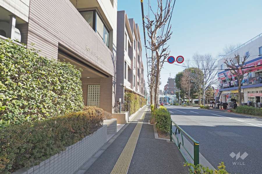 敷地南側の前面道路は新青梅街道です（西側から）。