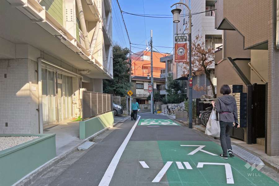 敷地の南側前面道路は南口仲通りです（西側から）。