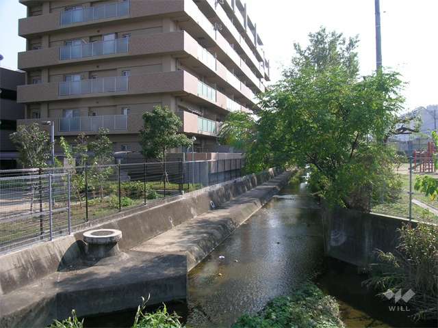 敷地の西側には水路が流れています。