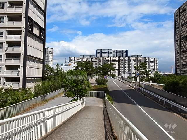 敷地南側のバス通り。橋を渡るとグルメシティがあります。