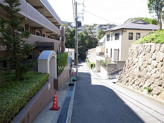 敷地北西側の前面道路。周辺は高台の閑静な住宅地です。