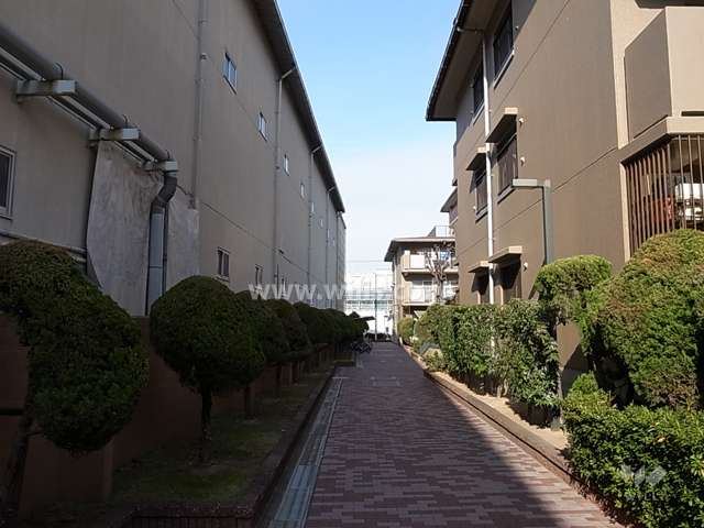 B棟の西側通路。敷地の各所に植栽スペースが設けられています。