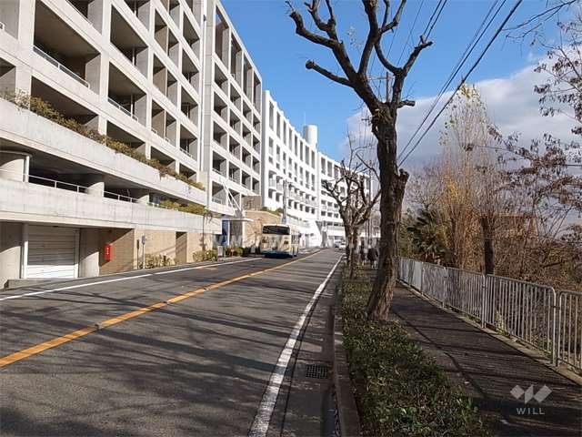 敷地南側の前面道路。二車線のバス通りで、目の前にバス停があります。