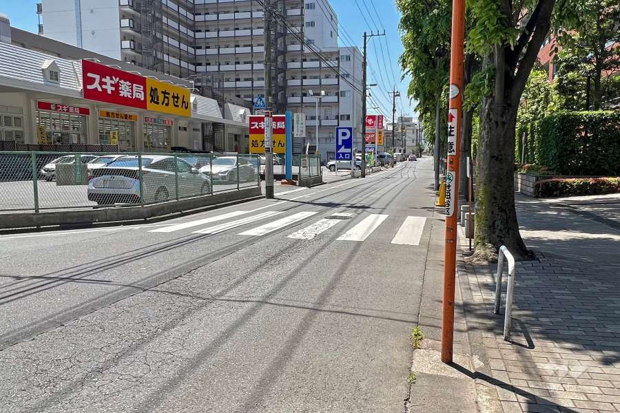 敷地北西側前面道路は弦巻通りです(南西側から)。