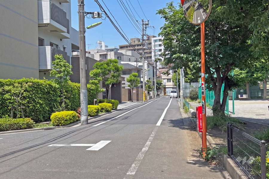 敷地の北東側前面道路(南東側から)