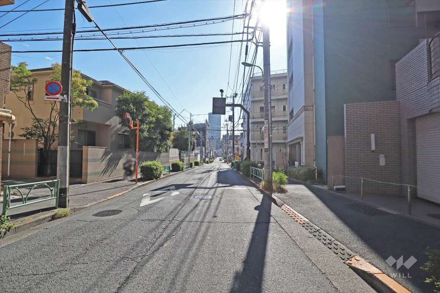 敷地東側の前面道路は弦巻通りです(北側から)。