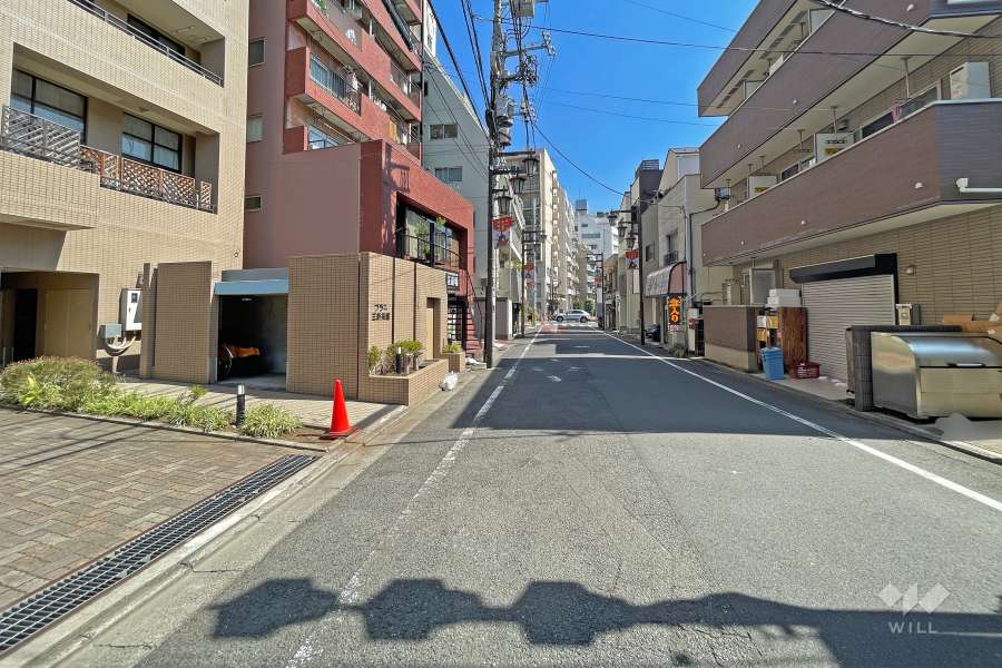 敷地南東側の前面道路は旧大山街道です（南西側から）。
