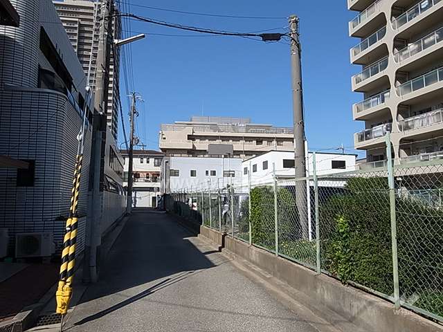 敷地南側の前面道路。南側は前の建物と間隔が取れています。