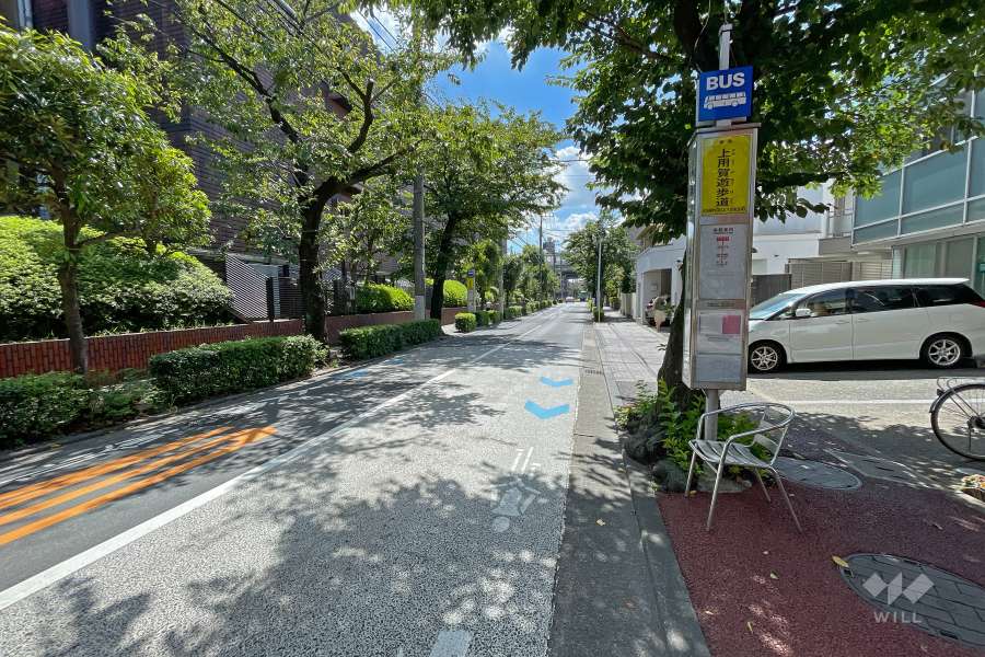敷地東側の前面道路は西用賀通りです（北側から）。マンション東側エントランスを出るとすぐ「上用賀遊歩道」のバス停があります。