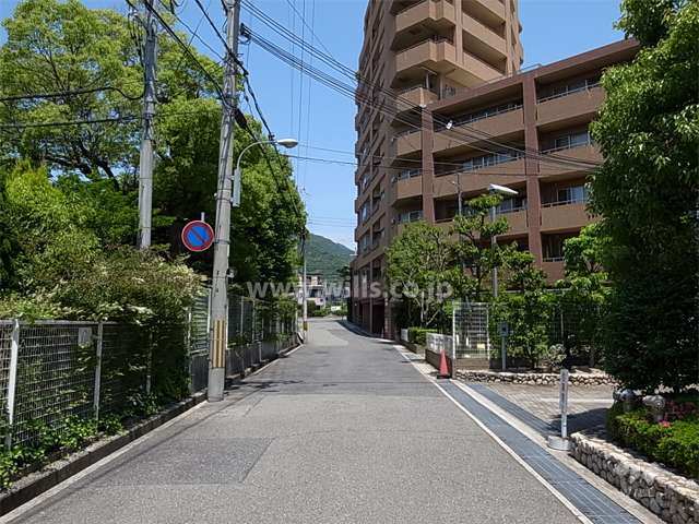 敷地西側の前面道路。周辺はマンションが多く立ち並ぶ住宅地です。