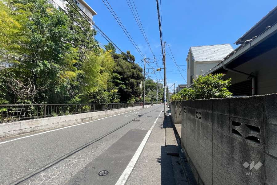 敷地の南西側道路は大蔵通りです（北西側から）。