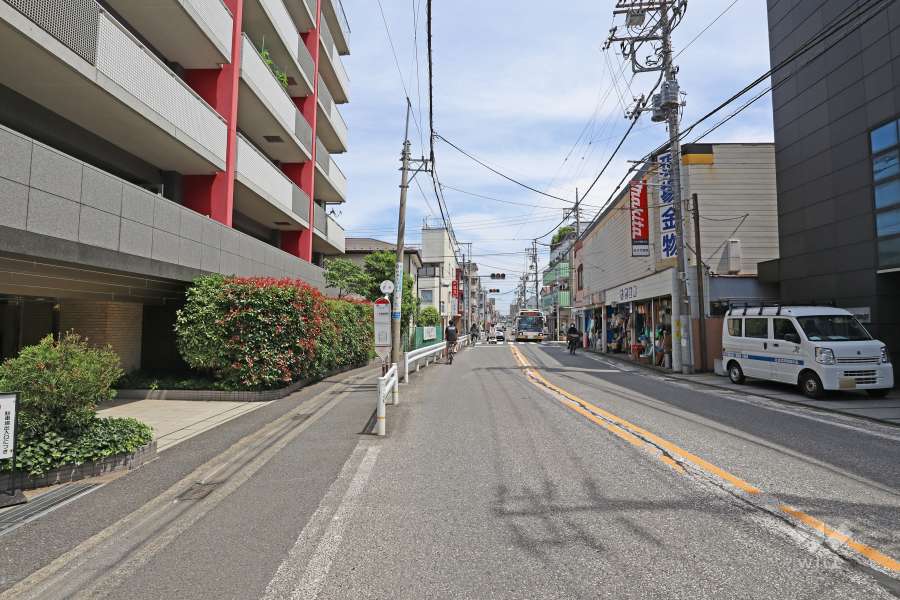敷地南西側の前面道路は千歳通りです（北西側から）