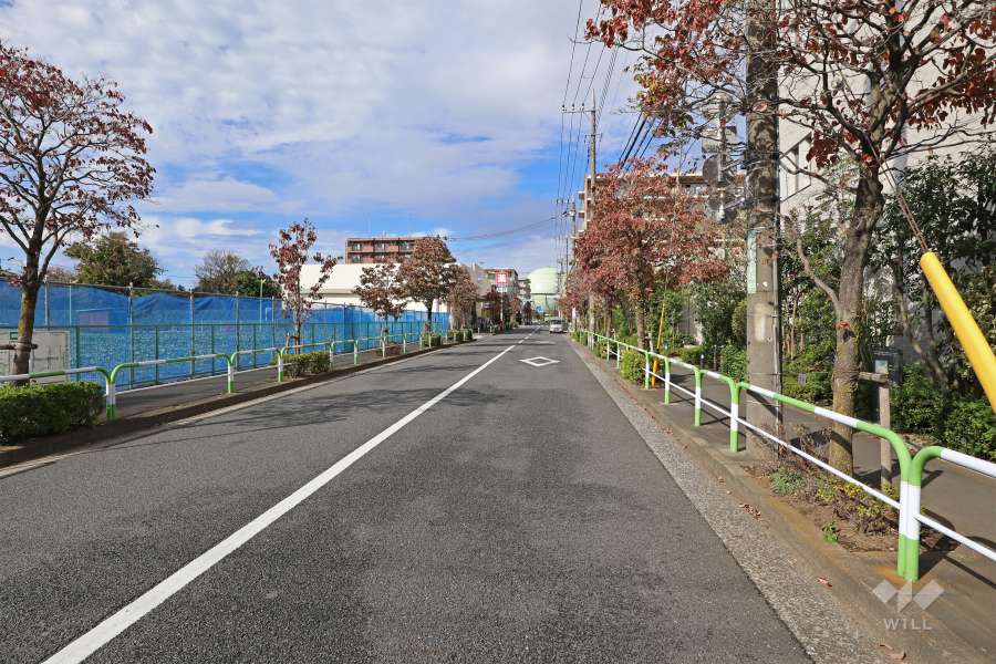 敷地西側の前面道路は廻沢通りです（南側から）。