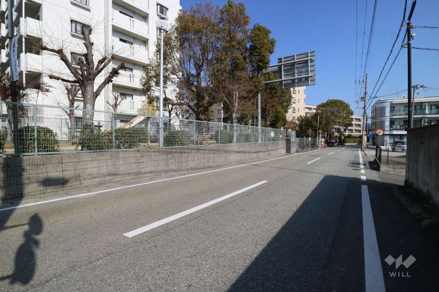 敷地東側の前面道路（二車線のバス通り）