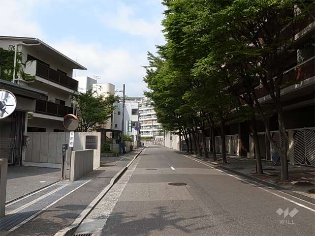 敷地南側の通り。周辺はマンションと一戸建てが混在する閑静な住宅地。