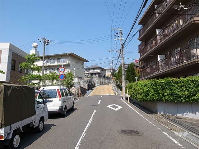 敷地南側の前面道路。周辺はマンションと一戸建てが混在する区画の整った住宅地です。