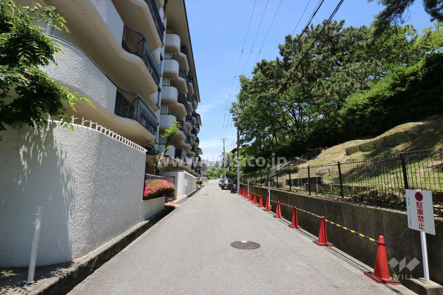 敷地の東側前面道路。東側には、松風公園があります。
