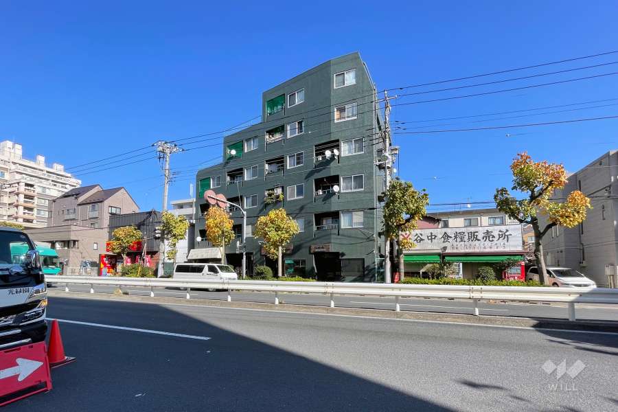 フォリストマンション山王の遠景。環七通り沿いに立地しています。