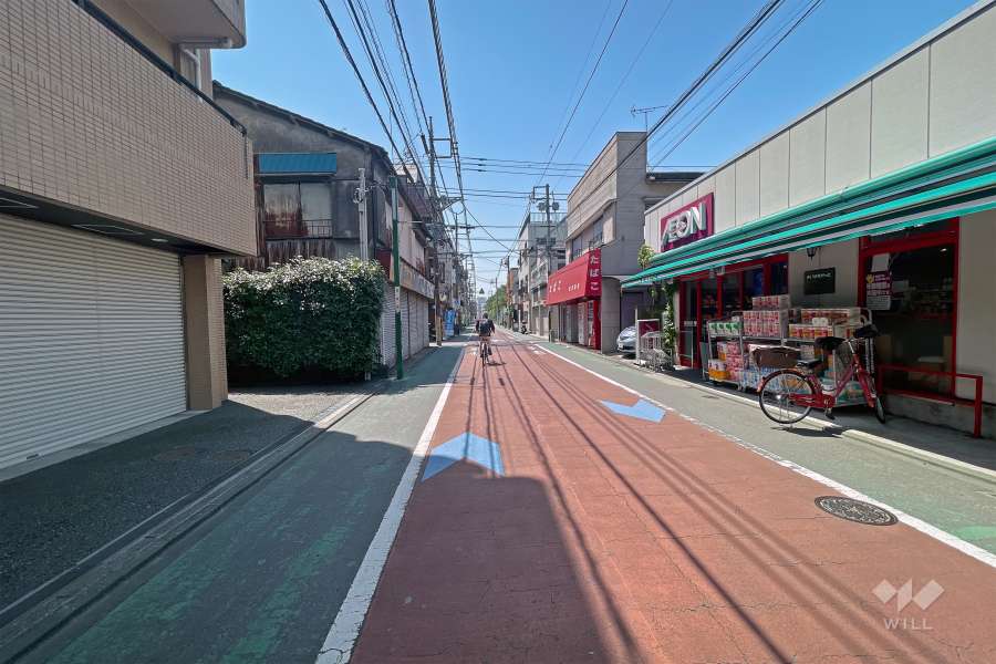 敷地北側の前面道路（東側から）。向かいにスーパーがあります。