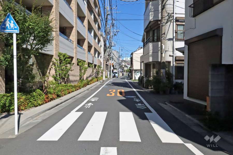 敷地南側の前面道路は旧池上通りです(西側から)。