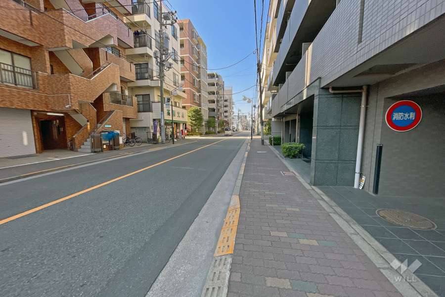 敷地南側前面道路は多摩堤通りです（東側から）。