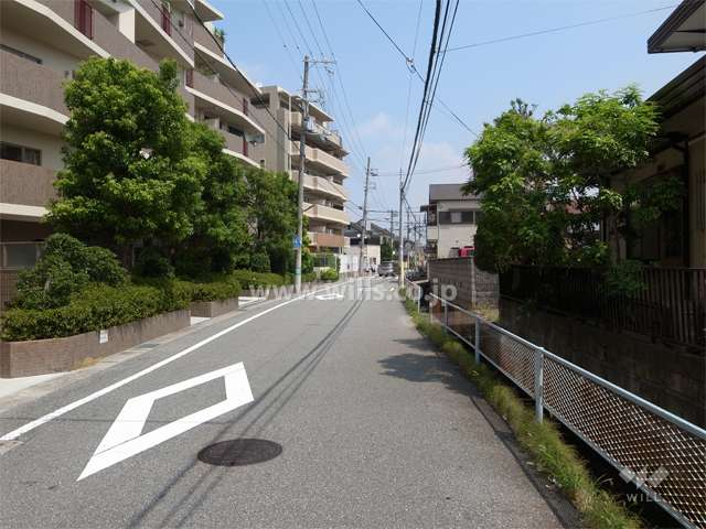敷地東側の前面道路。周辺は一戸建てとマンションが混在する住宅地です。