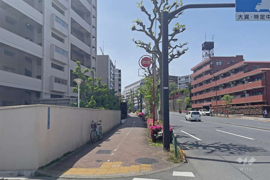 敷地北西側の前面道路は中原街道です（北東側から）。