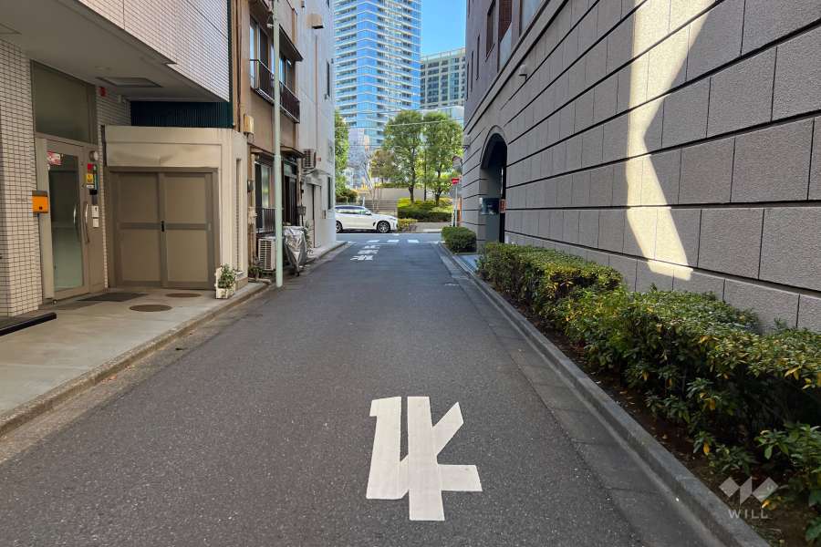 敷地の南東側前面道路（北東側から）