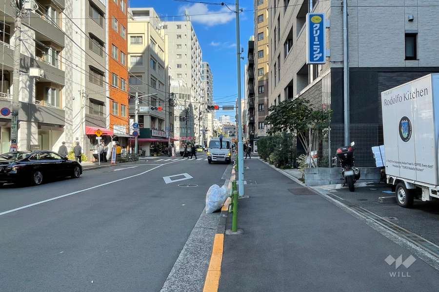 敷地の北西側前面道路（南西側から）